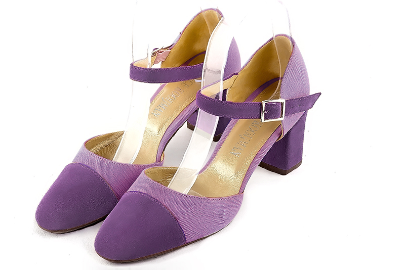 Amethyst purple women's open side shoes, with an instep strap. Round toe. Medium block heels. Front view - Florence KOOIJMAN